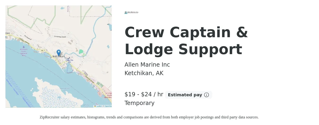 Allen Marine Inc job posting for a Crew Captain & Lodge Support in Ketchikan, AK with a salary of $20 to $25 Hourly with a map of Ketchikan location.