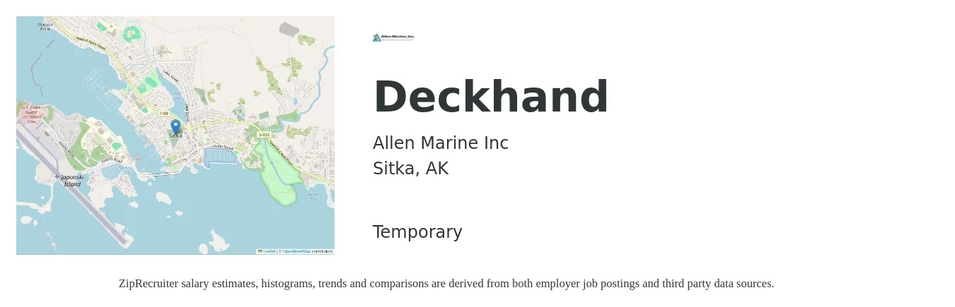 Allen Marine Inc job posting for a Deckhand in Sitka, AK with a salary of $22 to $31 Hourly with a map of Sitka location.