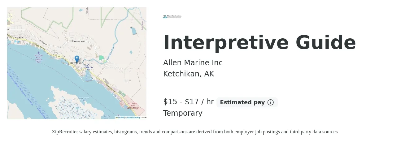 Allen Marine Inc job posting for a Interpretive Guide in Ketchikan, AK with a salary of $16 to $18 Hourly with a map of Ketchikan location.