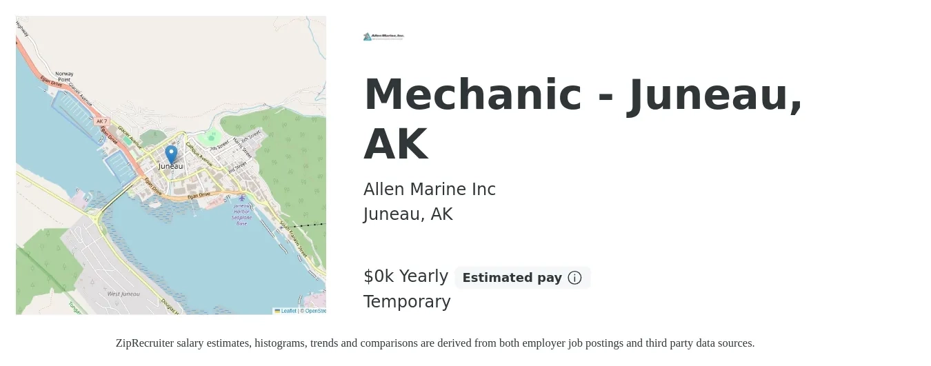 Allen Marine Inc job posting for a Mechanic - Juneau, AK in Juneau, AK with a salary of $26 to $34 Yearly with a map of Juneau location.