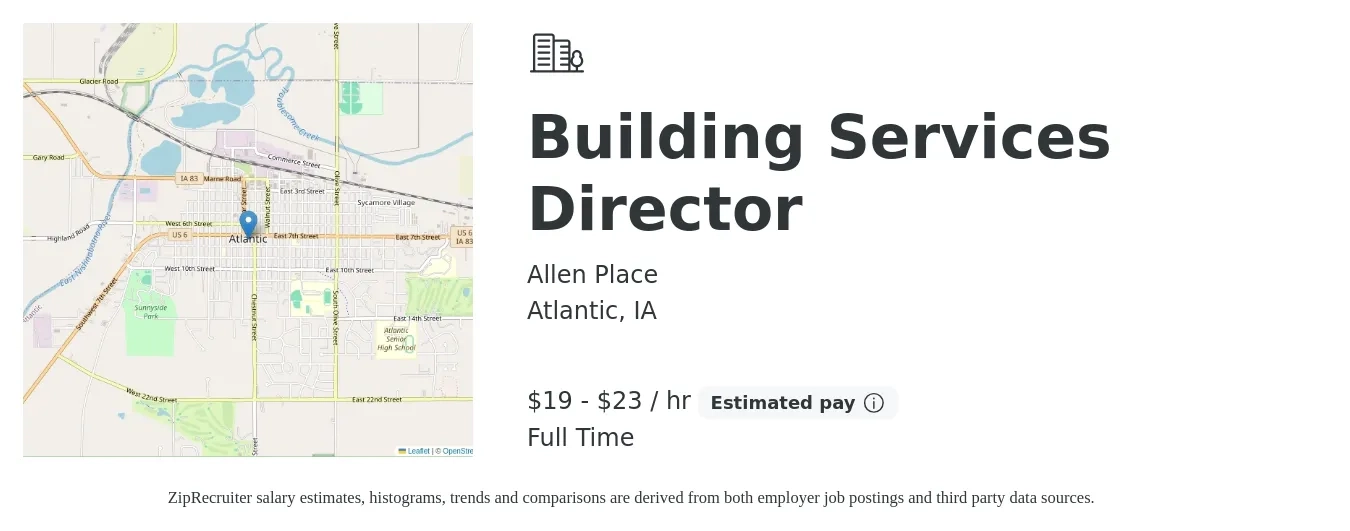Allen Place job posting for a Building Services Director in Atlantic, IA with a salary of $20 to $24 Hourly with a map of Atlantic location.