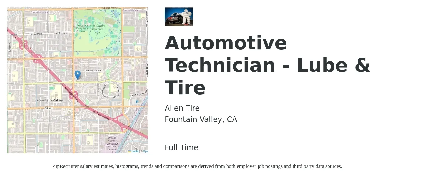 Allen Tire job posting for a Automotive Technician - Lube & Tire in Fountain Valley, CA with a salary of $15 to $21 Hourly with a map of Fountain Valley location.