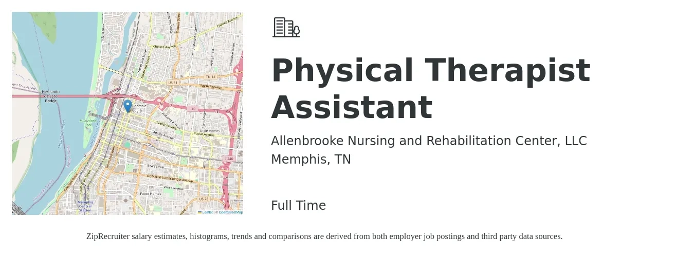 Allenbrooke Nursing and Rehabilitation Center, LLC job posting for a Physical Therapist Assistant in Memphis, TN with a salary of $25 to $32 Hourly with a map of Memphis location.