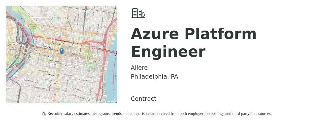 Allere job posting for a Azure Platform Engineer in Philadelphia, PA with a salary of $56 to $69 Hourly with a map of Philadelphia location.