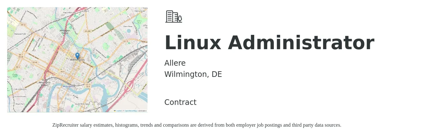 Allere job posting for a Linux Administrator in Wilmington, DE with a salary of $42 to $60 Hourly with a map of Wilmington location.