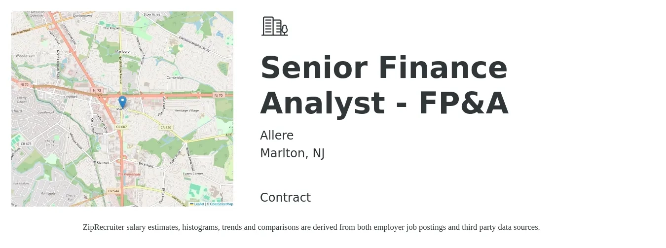 Allere job posting for a Senior Finance Analyst - FP&A in Marlton, NJ with a salary of $87,000 to $108,400 Yearly with a map of Marlton location.
