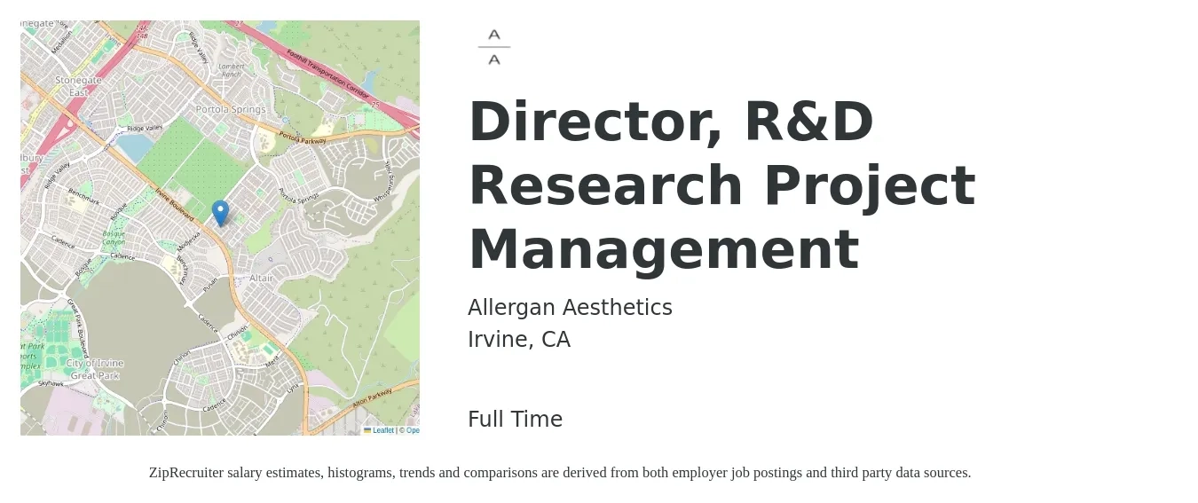 Allergan Aesthetics job posting for a Director, R&D Research Project Management in Irvine, CA with a salary of $76,700 to $98,200 Yearly with a map of Irvine location.