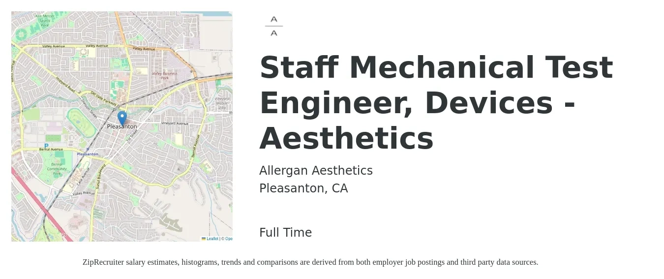 Allergan Aesthetics job posting for a Staff Mechanical Test Engineer, Devices - Aesthetics in Pleasanton, CA with a salary of $122,400 to $199,800 Yearly with a map of Pleasanton location.