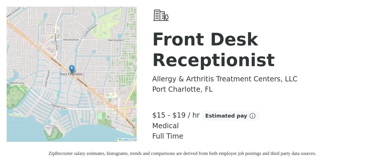 Allergy & Arthritis Treatment Centers, LLC job posting for a Front Desk Receptionist in Port Charlotte, FL with a salary of $16 to $20 Hourly and benefits including medical with a map of Port Charlotte location.