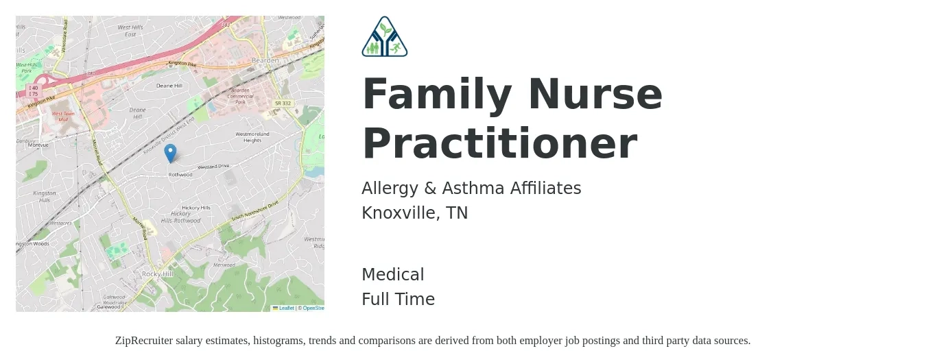Allergy & Asthma Affiliates job posting for a Family Nurse Practitioner in Knoxville, TN with a salary of $105,500 to $133,600 Yearly and benefits including medical, and retirement with a map of Knoxville location.
