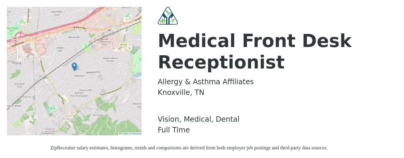 Allergy & Asthma Affiliates job posting for a Medical Front Desk Receptionist in Knoxville, TN with a salary of $16 to $19 Hourly and benefits including medical, pto, retirement, vision, and dental with a map of Knoxville location.