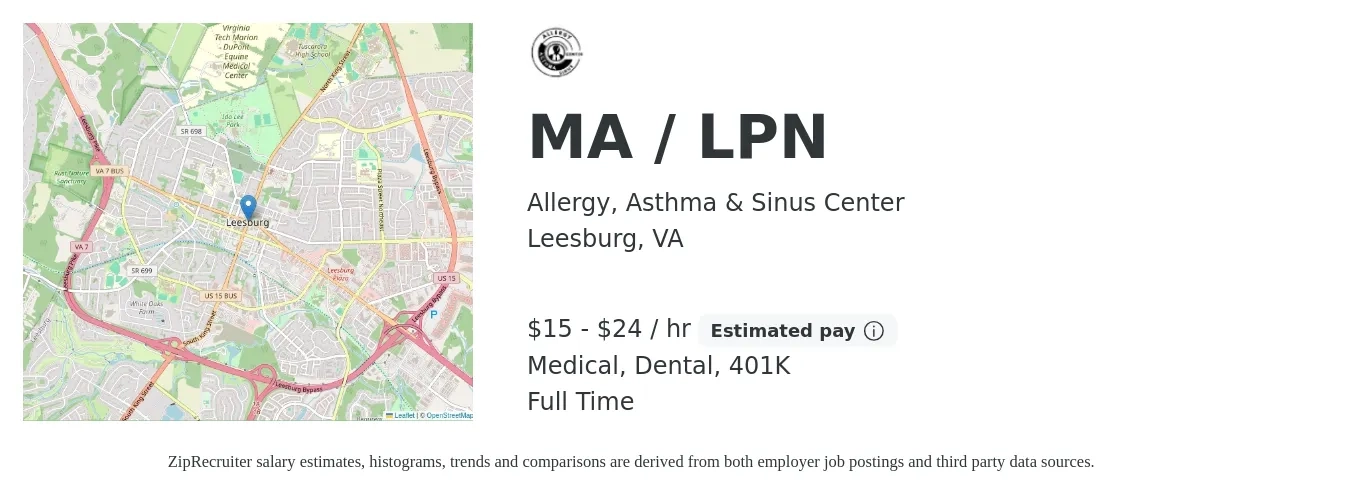 Allergy, Asthma & Sinus Center job posting for a MA / LPN in Leesburg, VA with a salary of $16 to $25 Hourly and benefits including medical, 401k, and dental with a map of Leesburg location.
