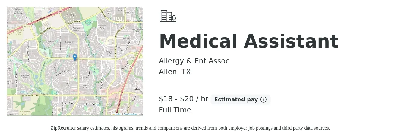 Allergy & Ent Assoc job posting for a Medical Assistant in Allen, TX with a salary of $18 to $20 Hourly with a map of Allen location.