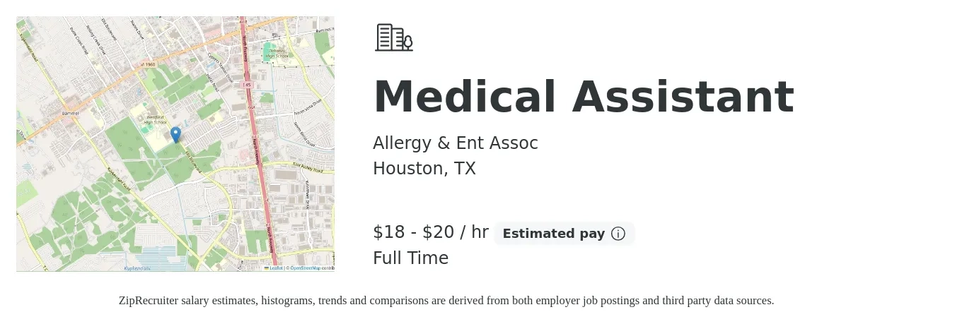 Allergy & Ent Assoc job posting for a Medical Assistant in Houston, TX with a salary of $18 to $21 Hourly with a map of Houston location.