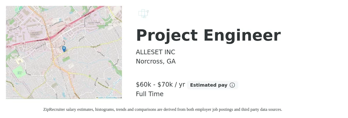 ALLESET INC job posting for a Project Engineer in Norcross, GA with a salary of $60,000 to $70,000 Yearly with a map of Norcross location.