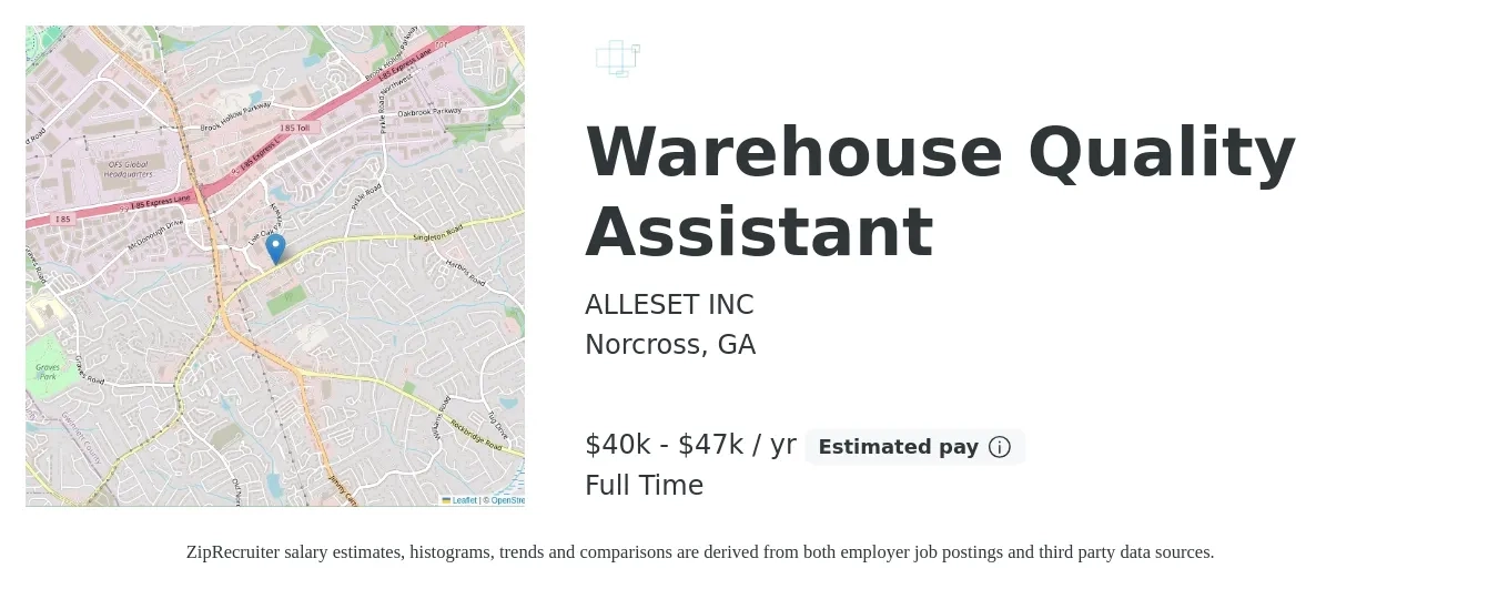 ALLESET INC job posting for a Warehouse Quality Assistant in Norcross, GA with a salary of $40,000 to $47,000 Yearly with a map of Norcross location.
