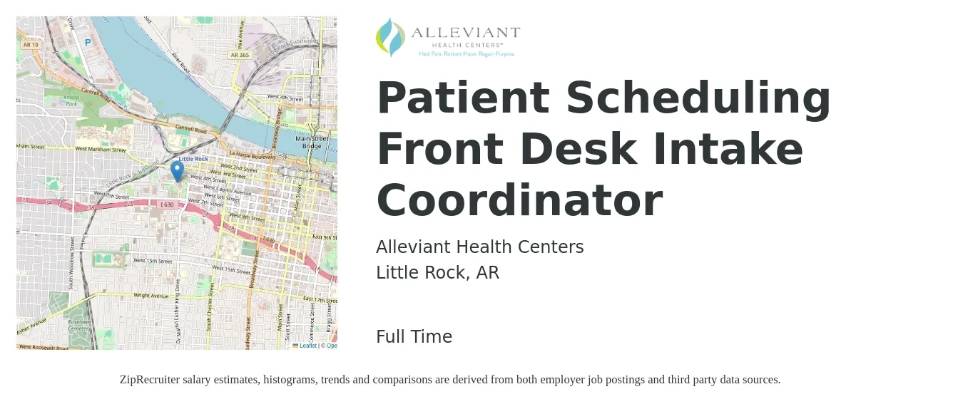 Alleviant Health Centers job posting for a Patient Scheduling Front Desk Intake Coordinator in Little Rock, AR with a salary of $14 to $16 Hourly with a map of Little Rock location.
