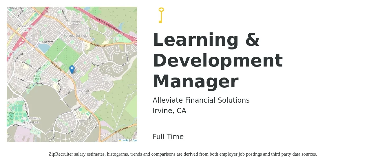 Alleviate Financial Solutions job posting for a Learning & Development Manager in Irvine, CA with a salary of $110,000 to $130,000 Yearly with a map of Irvine location.