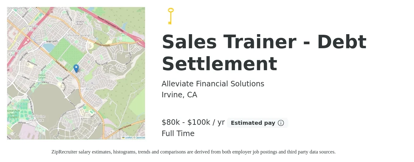 Alleviate Financial Solutions job posting for a Sales Trainer - Debt Settlement in Irvine, CA with a salary of $80,000 to $100,000 Yearly with a map of Irvine location.