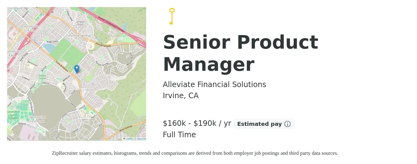 Alleviate Financial Solutions job posting for a Senior Product Manager in Irvine, CA with a salary of $160,000 to $190,000 Yearly with a map of Irvine location.