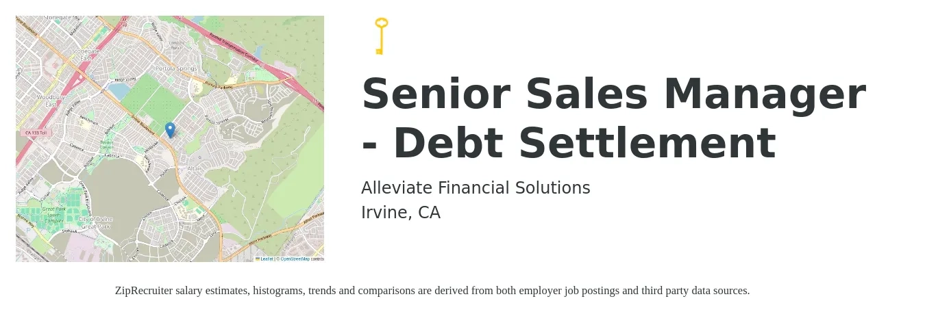 Alleviate Financial Solutions job posting for a Senior Sales Manager - Debt Settlement in Irvine, CA with a salary of $110,000 to $120,000 Yearly with a map of Irvine location.