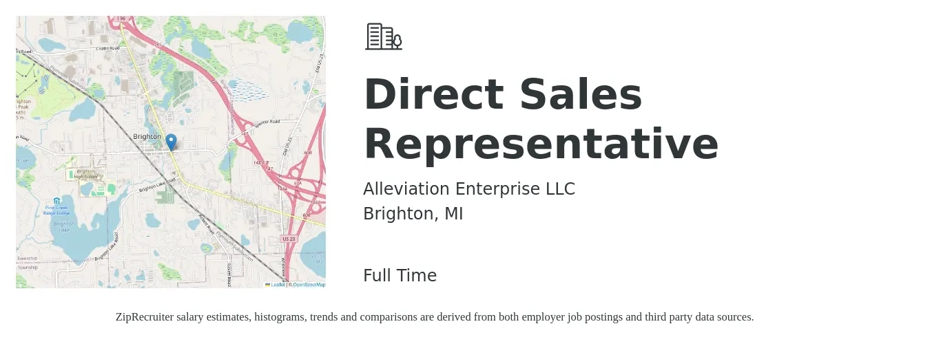 Alleviation Enterprise LLC job posting for a Direct Sales Representative in Brighton, MI with a salary of $48,400 to $72,000 Yearly with a map of Brighton location.