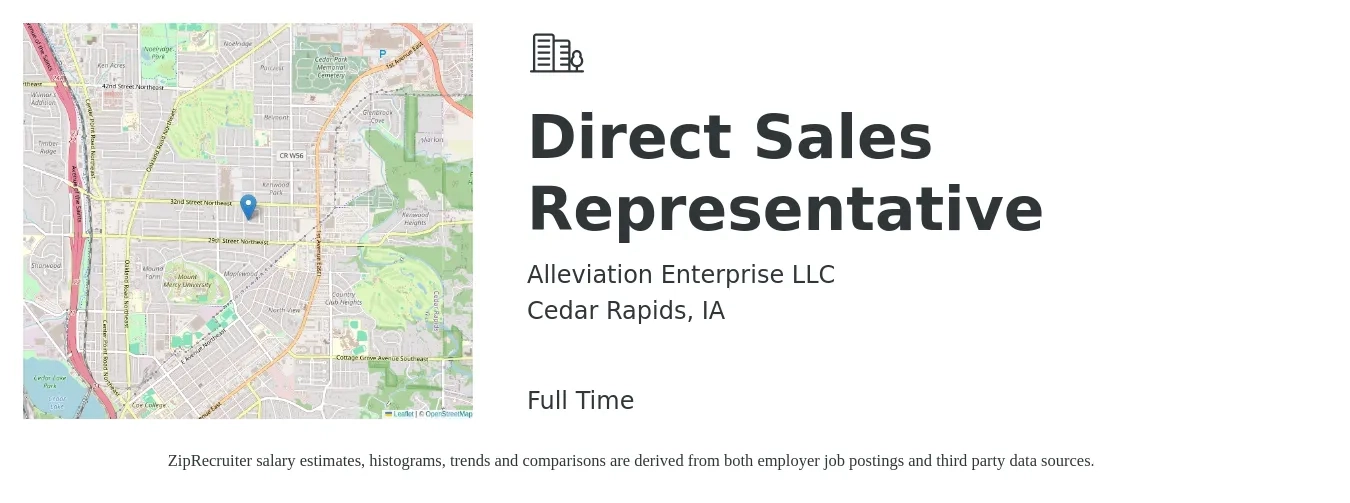 Alleviation Enterprise LLC job posting for a Direct Sales Representative in Cedar Rapids, IA with a salary of $49,400 to $73,400 Yearly with a map of Cedar Rapids location.
