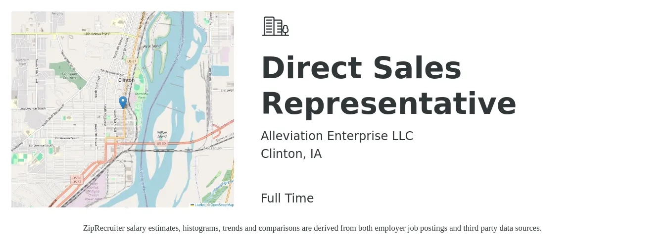 Alleviation Enterprise LLC job posting for a Direct Sales Representative in Clinton, IA with a salary of $47,900 to $71,100 Yearly with a map of Clinton location.