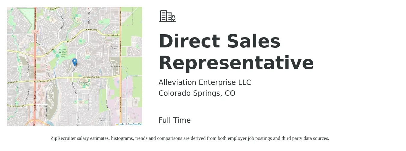 Alleviation Enterprise LLC job posting for a Direct Sales Representative in Colorado Springs, CO with a salary of $49,800 to $73,900 Yearly with a map of Colorado Springs location.