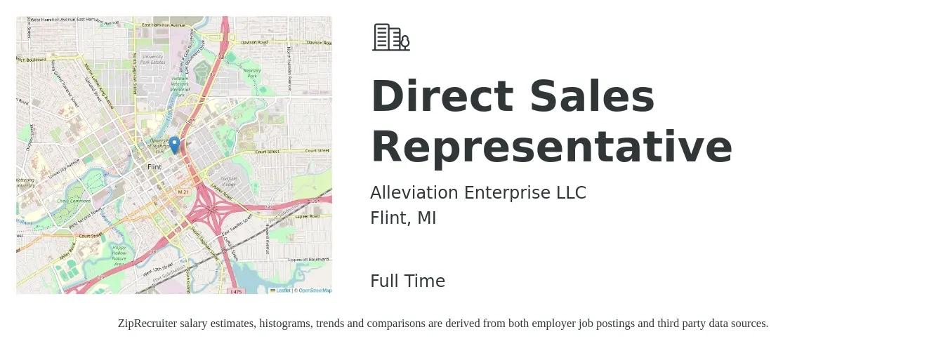 Alleviation Enterprise LLC job posting for a Direct Sales Representative in Flint, MI with a salary of $49,100 to $73,000 Yearly with a map of Flint location.