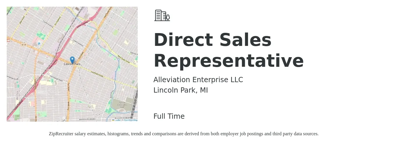Alleviation Enterprise LLC job posting for a Direct Sales Representative in Lincoln Park, MI with a salary of $46,200 to $68,600 Yearly with a map of Lincoln Park location.