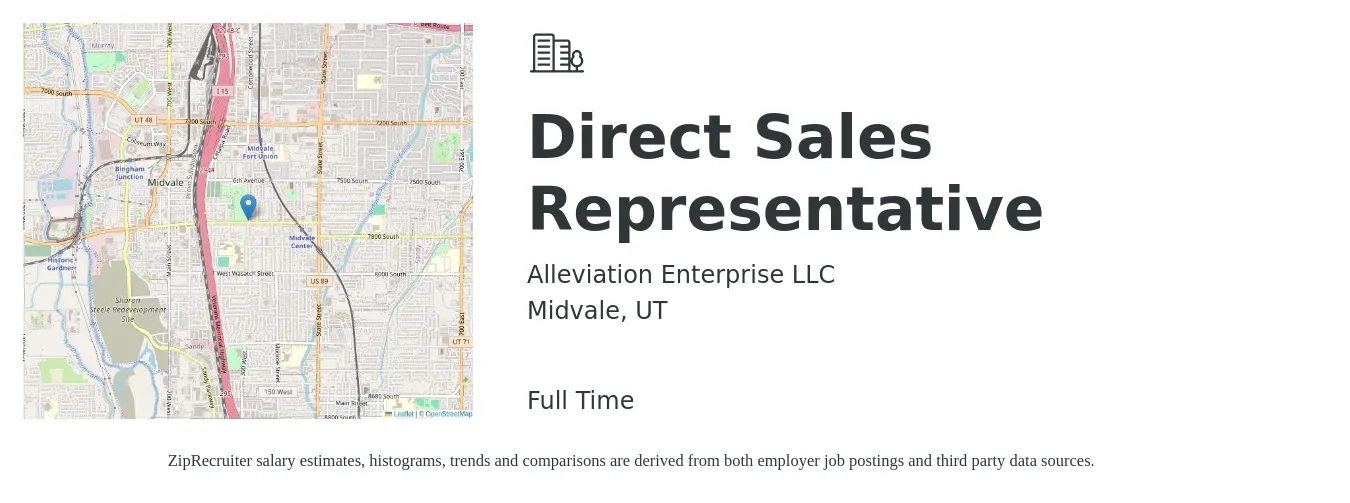 Alleviation Enterprise LLC job posting for a Direct Sales Representative in Midvale, UT with a salary of $47,600 to $70,700 Yearly with a map of Midvale location.