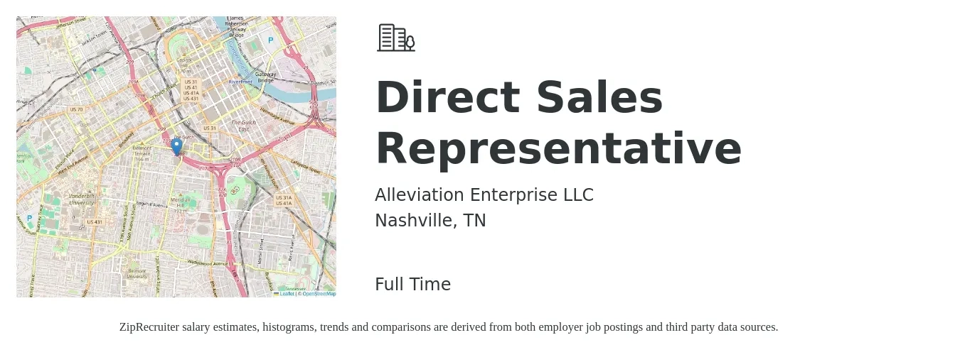 Alleviation Enterprise LLC job posting for a Direct Sales Representative in Nashville, TN with a salary of $48,800 to $72,400 Yearly with a map of Nashville location.