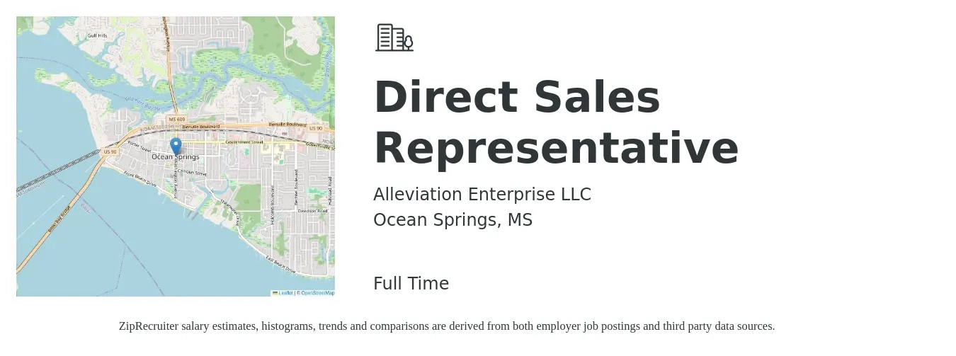 Alleviation Enterprise LLC job posting for a Direct Sales Representative in Ocean Springs, MS with a salary of $39,800 to $59,100 Yearly with a map of Ocean Springs location.
