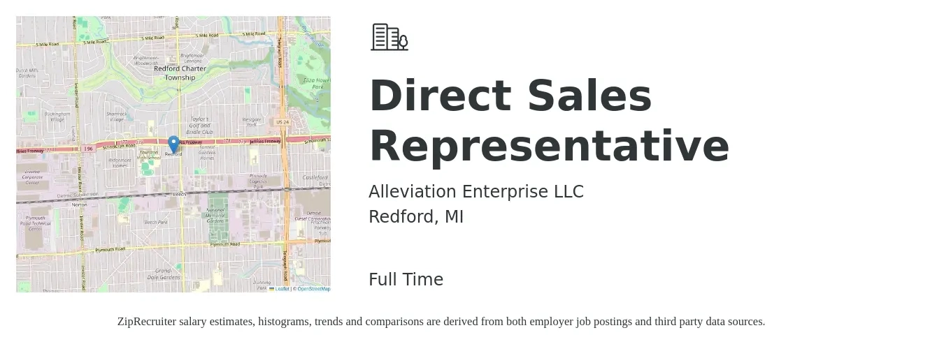 Alleviation Enterprise LLC job posting for a Direct Sales Representative in Redford, MI with a salary of $46,600 to $69,200 Yearly with a map of Redford location.