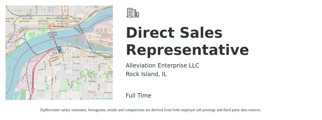 Alleviation Enterprise LLC job posting for a Direct Sales Representative in Rock Island, IL with a salary of $47,900 to $71,100 Yearly with a map of Rock Island location.