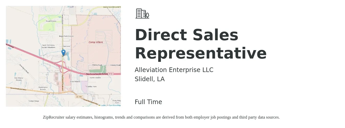 Alleviation Enterprise LLC job posting for a Direct Sales Representative in Slidell, LA with a salary of $43,800 to $65,000 Yearly with a map of Slidell location.