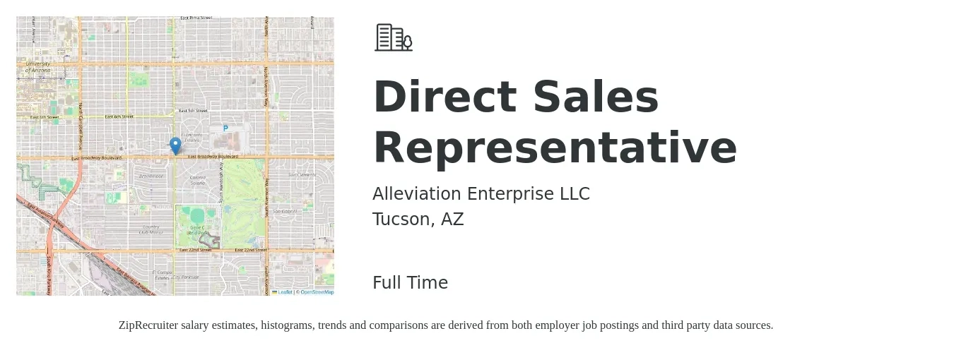 Alleviation Enterprise LLC job posting for a Direct Sales Representative in Tucson, AZ with a salary of $47,700 to $70,900 Yearly with a map of Tucson location.