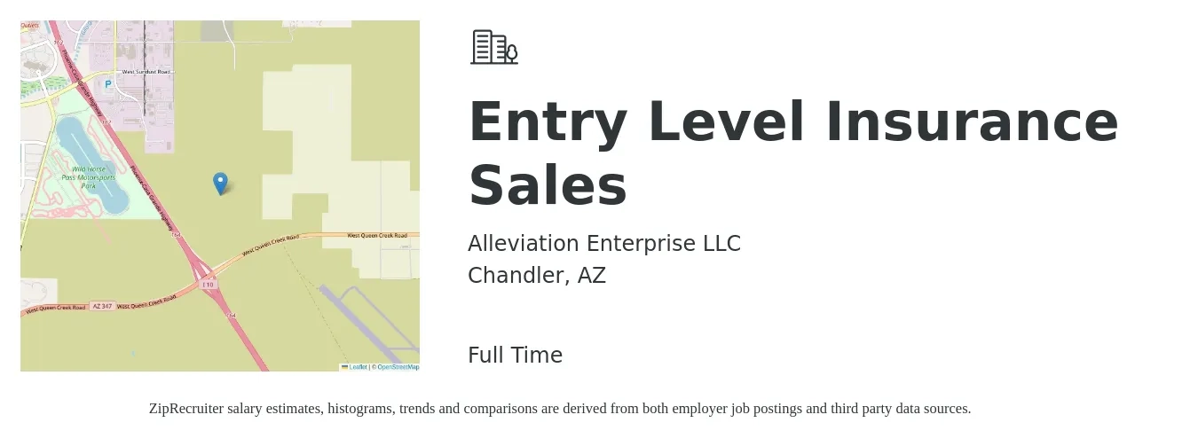 Alleviation Enterprise LLC job posting for a Entry Level Insurance Sales in Chandler, AZ with a salary of $46,300 to $74,400 Yearly with a map of Chandler location.