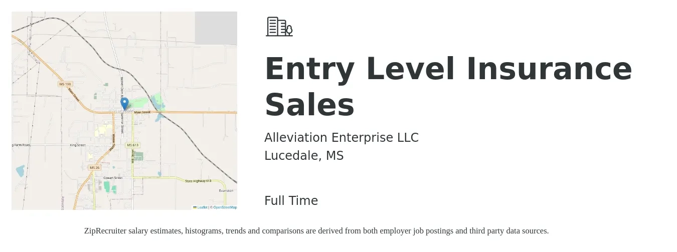 Alleviation Enterprise LLC job posting for a Entry Level Insurance Sales in Lucedale, MS with a salary of $39,700 to $63,800 Yearly with a map of Lucedale location.
