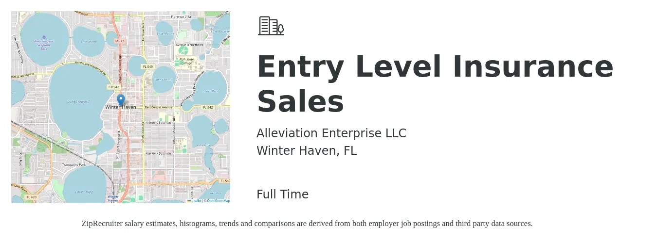 Alleviation Enterprise LLC job posting for a Entry Level Insurance Sales in Winter Haven, FL with a salary of $41,100 to $66,000 Yearly with a map of Winter Haven location.