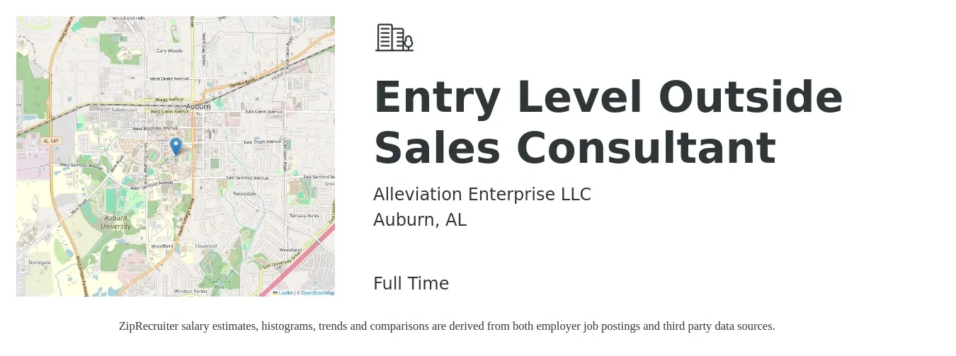 Alleviation Enterprise LLC job posting for a Entry Level Outside Sales Consultant in Auburn, AL with a salary of $38,400 to $76,900 Yearly with a map of Auburn location.