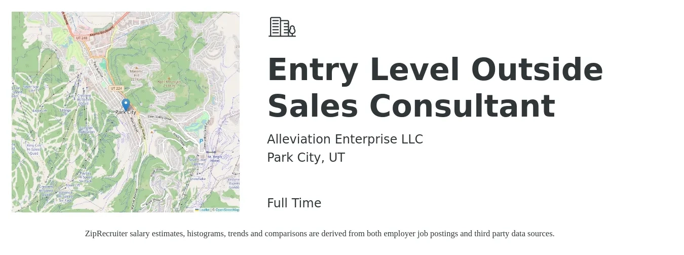 Alleviation Enterprise LLC job posting for a Entry Level Outside Sales Consultant in Park City, UT with a salary of $48,100 to $96,200 Yearly with a map of Park City location.