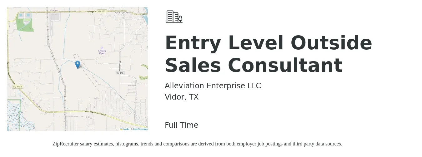 Alleviation Enterprise LLC job posting for a Entry Level Outside Sales Consultant in Vidor, TX with a salary of $43,200 to $86,500 Yearly with a map of Vidor location.