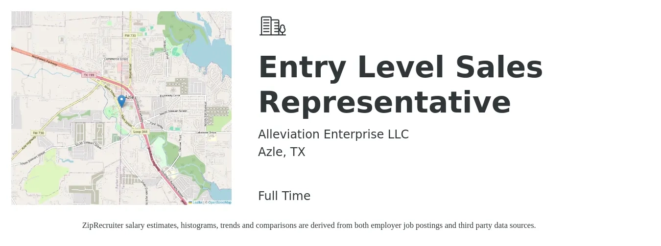 Alleviation Enterprise LLC job posting for a Entry Level Sales Representative in Azle, TX with a salary of $41,000 to $65,800 Yearly with a map of Azle location.