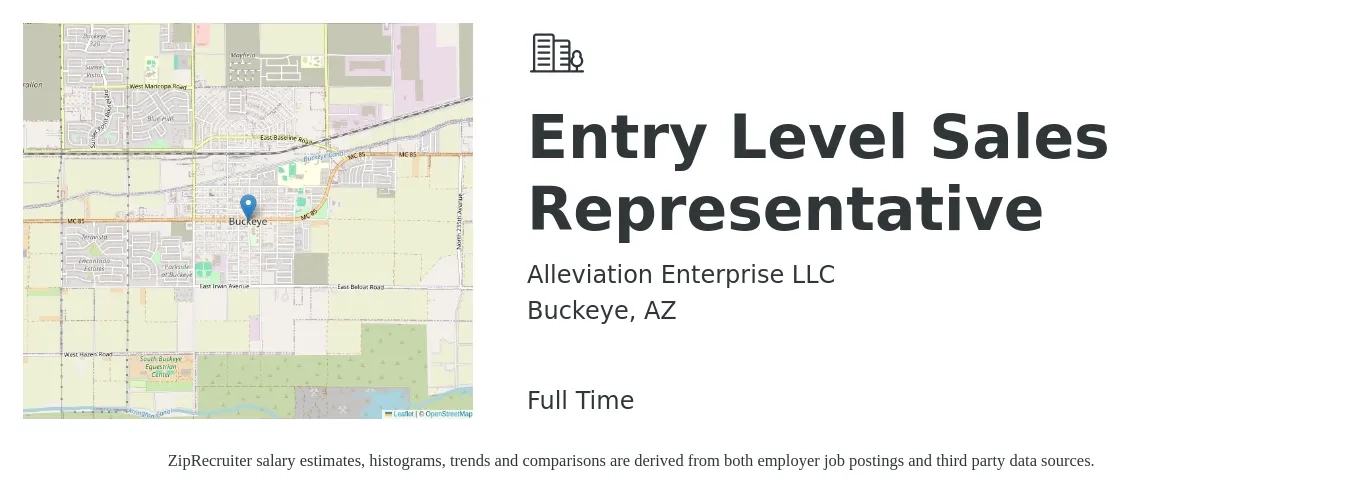 Alleviation Enterprise LLC job posting for a Entry Level Sales Representative in Buckeye, AZ with a salary of $45,900 to $73,700 Yearly with a map of Buckeye location.