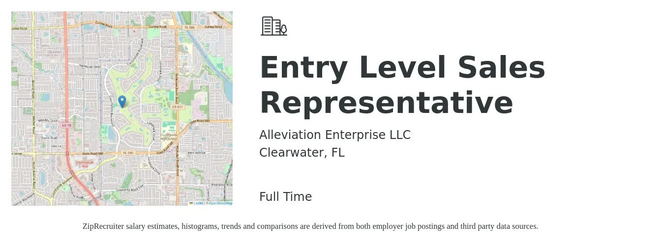 Alleviation Enterprise LLC job posting for a Entry Level Sales Representative in Clearwater, FL with a salary of $43,300 to $69,600 Yearly with a map of Clearwater location.