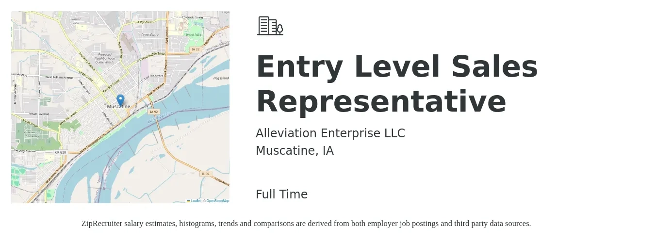 Alleviation Enterprise LLC job posting for a Entry Level Sales Representative in Muscatine, IA with a salary of $44,100 to $70,900 Yearly with a map of Muscatine location.