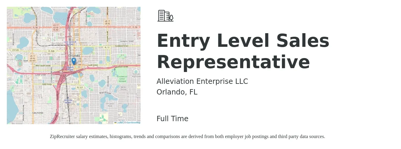 Alleviation Enterprise LLC job posting for a Entry Level Sales Representative in Orlando, FL with a salary of $43,900 to $70,500 Yearly with a map of Orlando location.