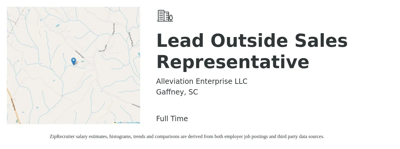 Alleviation Enterprise LLC job posting for a Lead Outside Sales Representative in Gaffney, SC with a salary of $48,600 to $83,300 Yearly with a map of Gaffney location.
